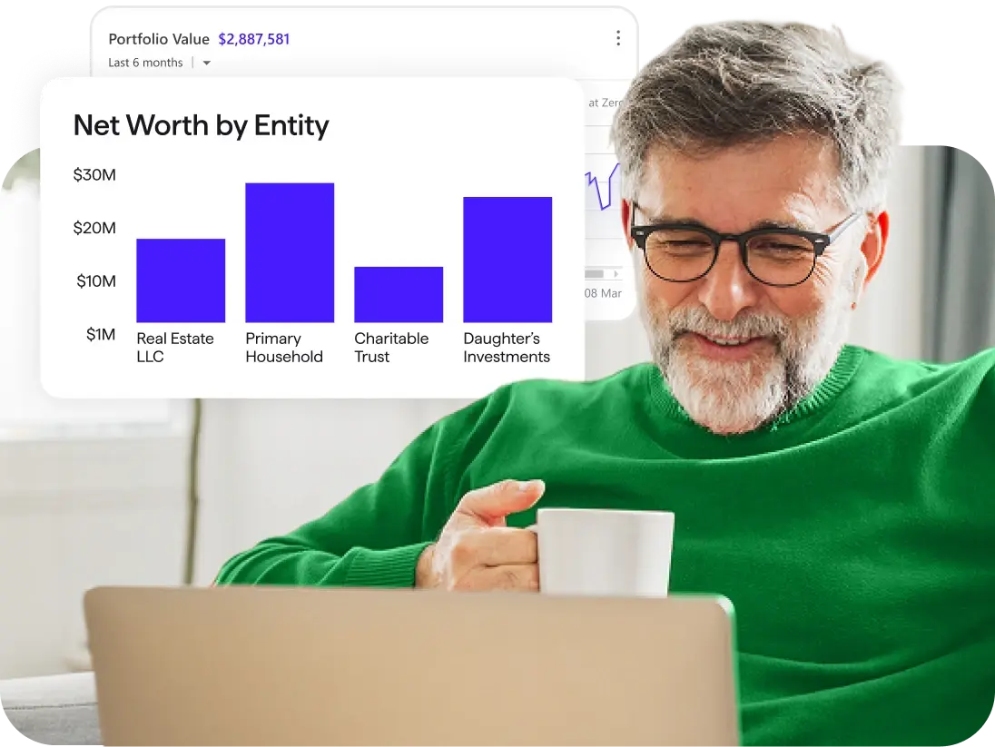 A man with gray hair and glasses looks at his laptop while holding a coffee mug. The screen shows a portfolio chart with investments in Hartford Fund, Salesforce, Putnam Voyager, J.P. Morgan Bond, Mirova Global Megatrends, and AB Global Bond, with a total value of $11,556.