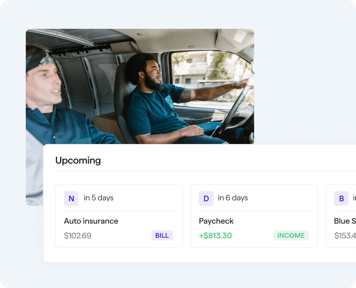 Two men traveling in a vehicle and Quicken software upcoming bills notifications user interface overlayed.