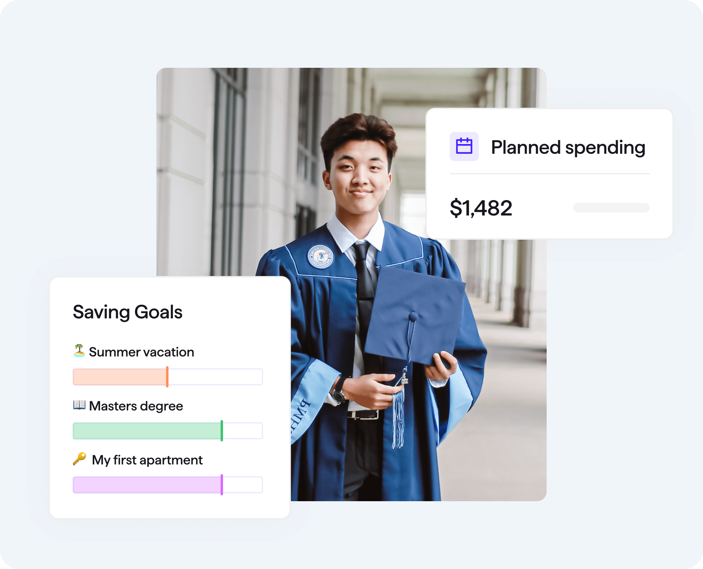 Young man in graduation gown and cap with Quicken Simplifi Savings goals and planned spending progress bar user interface screens overlayed to the sides