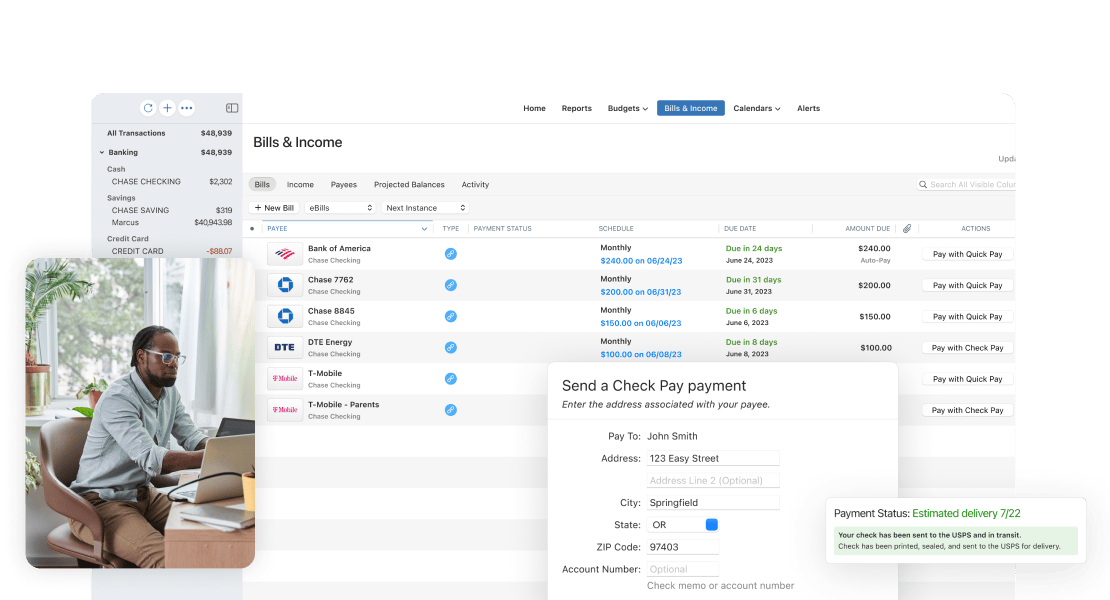 Man using bills and income user interface on Quicken software