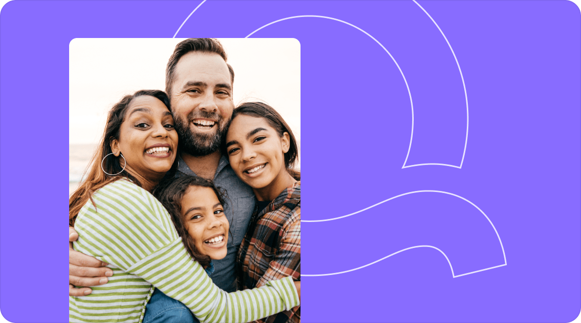 Family hugging with Q logo background image