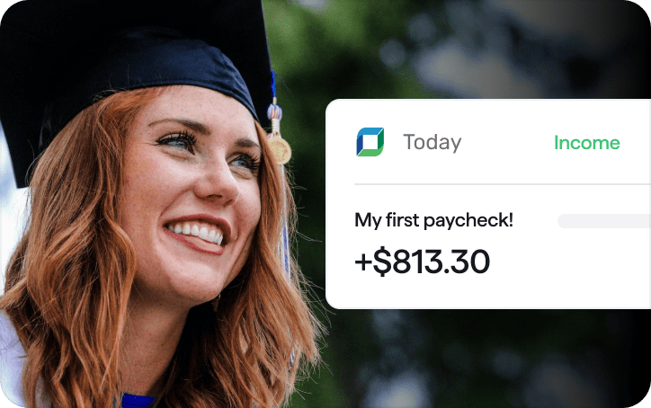 Woman graduating with Quicken income feature user interface screen reading "My first paycheck +$813.30" overlayed