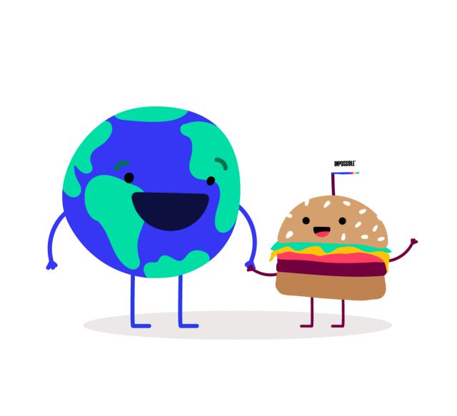 Earth globe holding hands with Impossible™ Burger to celebrate Earth Day
