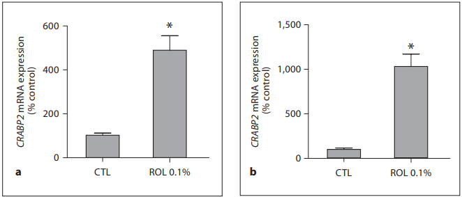 0.1% ROL upregulates CRABP2
gene expression. ROL at a concentration
of 0.1% was applied onto skin explants for
24 h ( a ) and 48 h ( b ). Epidermis samples
were collected, and RNAs were extracted
and reverse transcribed. Real-time QPCR
was performed using a primer pair specific for CRABP2 gene, and the amount of
target transcripts was normalized using an
18S RNA normalization gene. Data are expressed as percentage of control (CTL, untreated control = 100%) and are presented
as means 8 SEM (n = 4). * p ! 0.05 versus
untreated control.