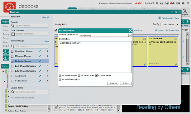 Example of how to Export Memo's in the Memo Workspace.