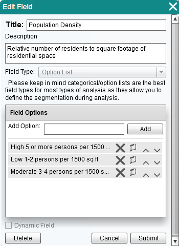 Defining a new field, "Population Density" as an option list.