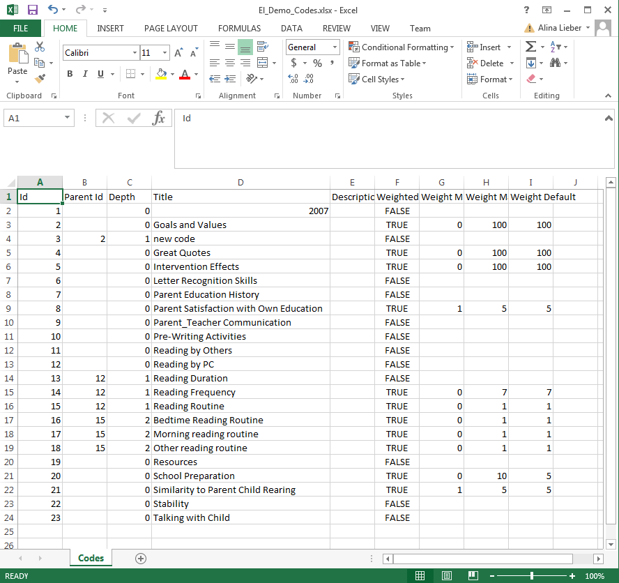 Example of a Compatible Code System in Excel