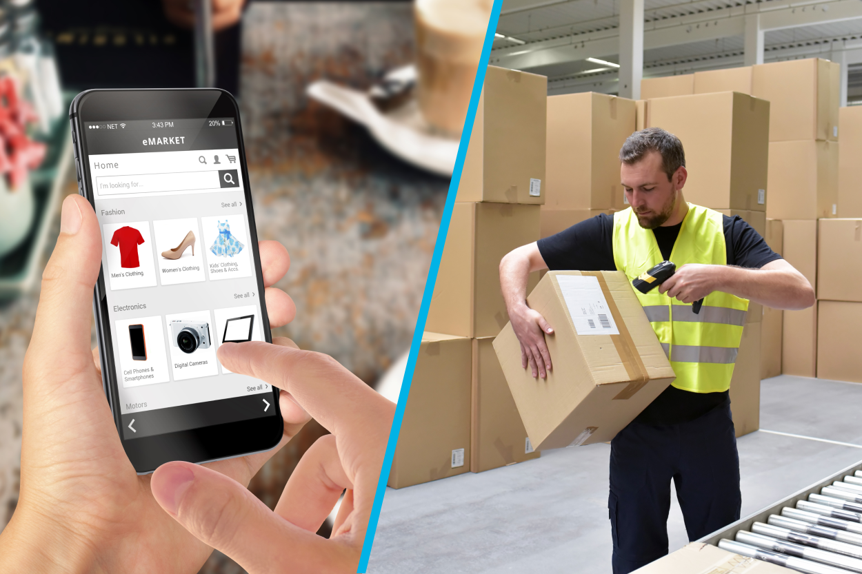 Image that shows shopping on a mobile device to warehouse deployment to delivery