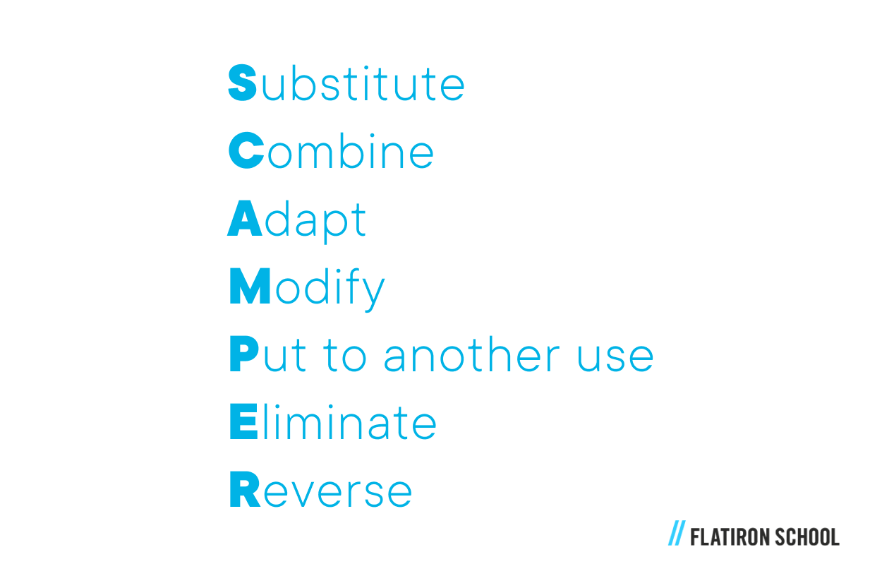 Lastly, teams can take an existing product, service, or idea and go through the SCAMPER list (Substitute, Combine, Adapt, Modify, Put to another use, Eliminate, Reverse) in order to improve it.