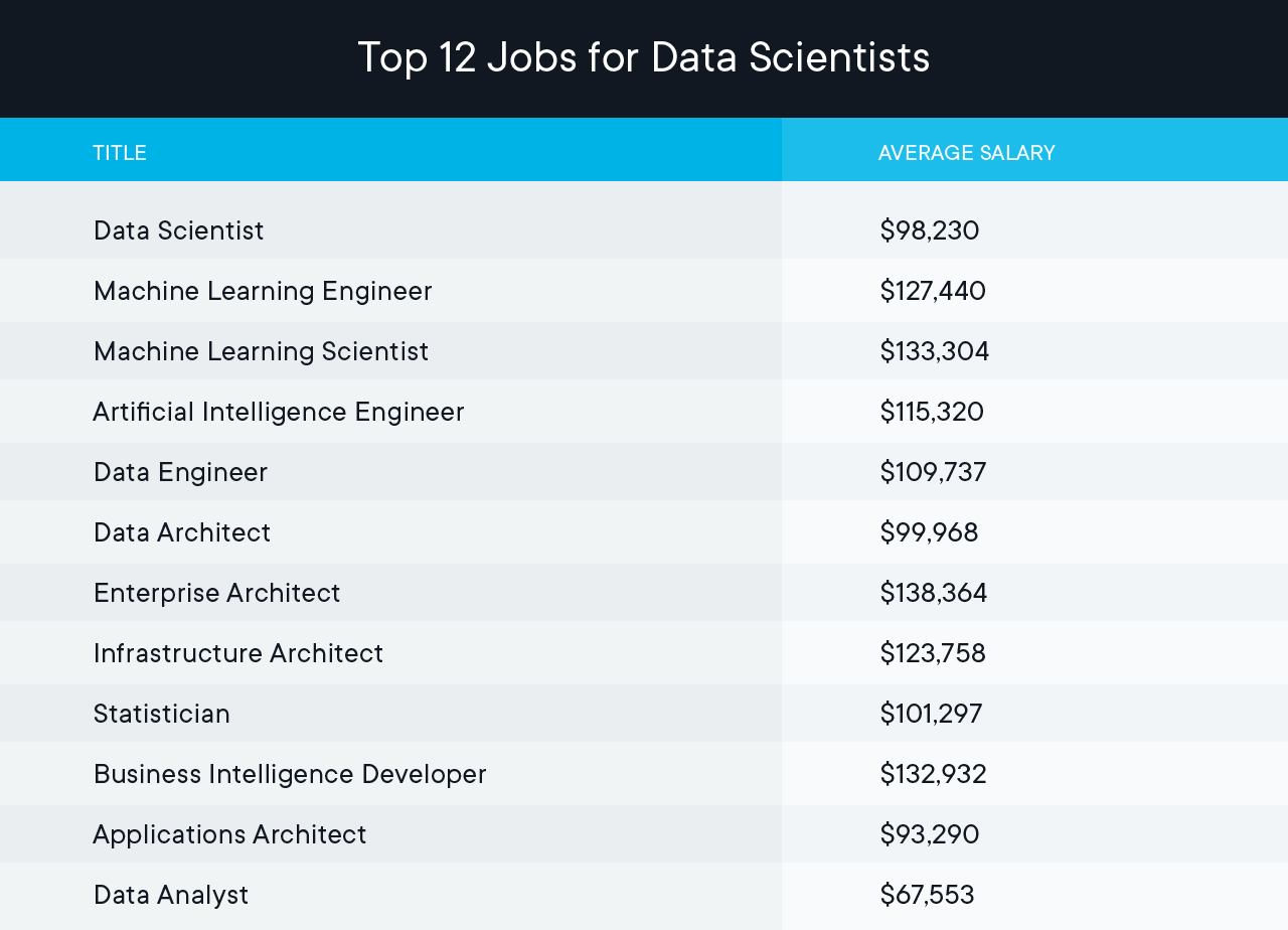 Infographic showing top 12 jobs for Data Scientists and average salaries