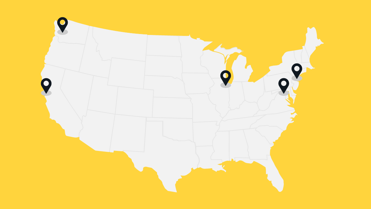 Map with NY, Illinois, Washington D.C, California, and Washington highlighted