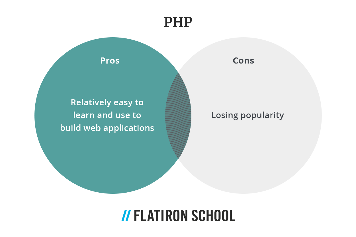PHP
Pros - relatively easy to learn and use to build web applications
Cons – losing popularity 