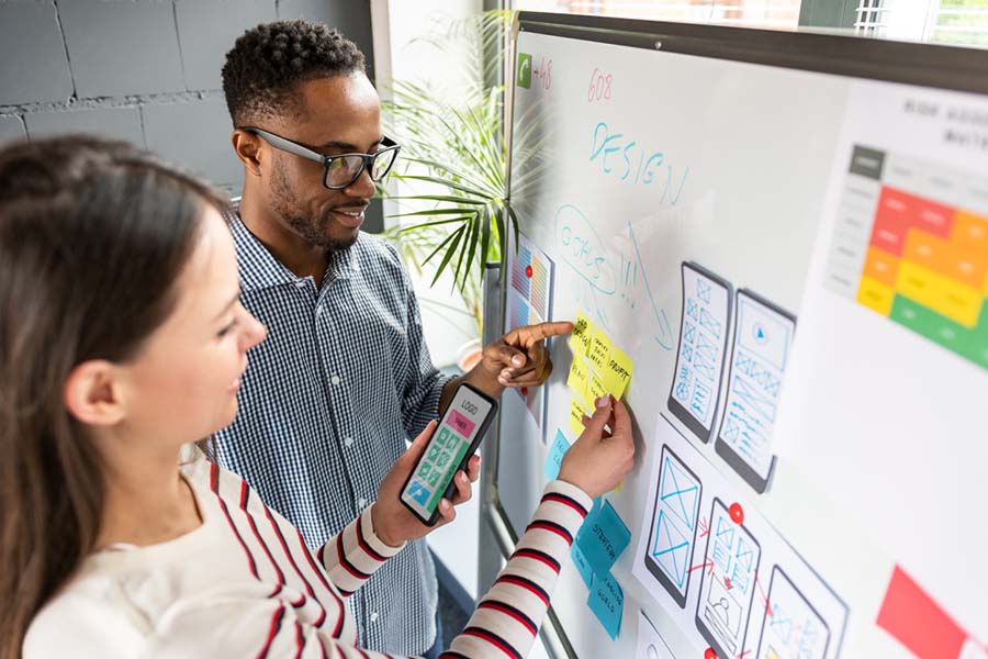 male and female UX/UI design team work on wireframe story boards over a whiteboard