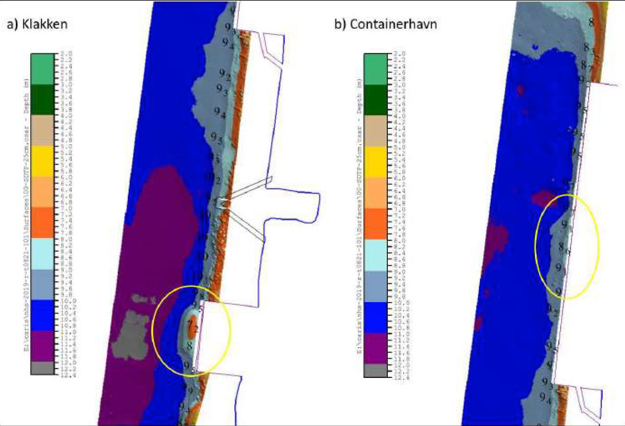 Kart som viser vanndyp ved tiltaksområdene markert med gul sirkel for a) Klakken og b) containerhavnen. Kilde: Moss Havn KF