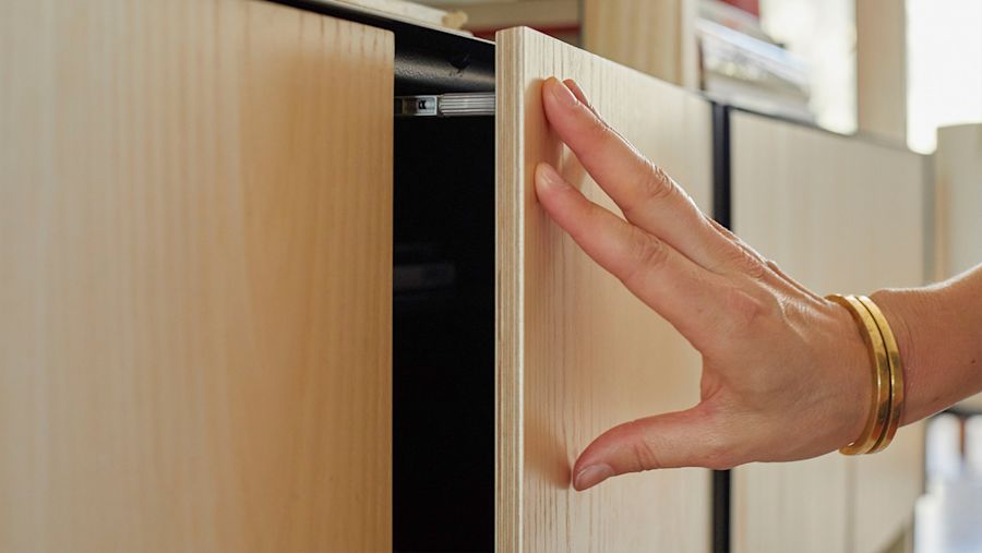 Push-to-open, soft-close doors.