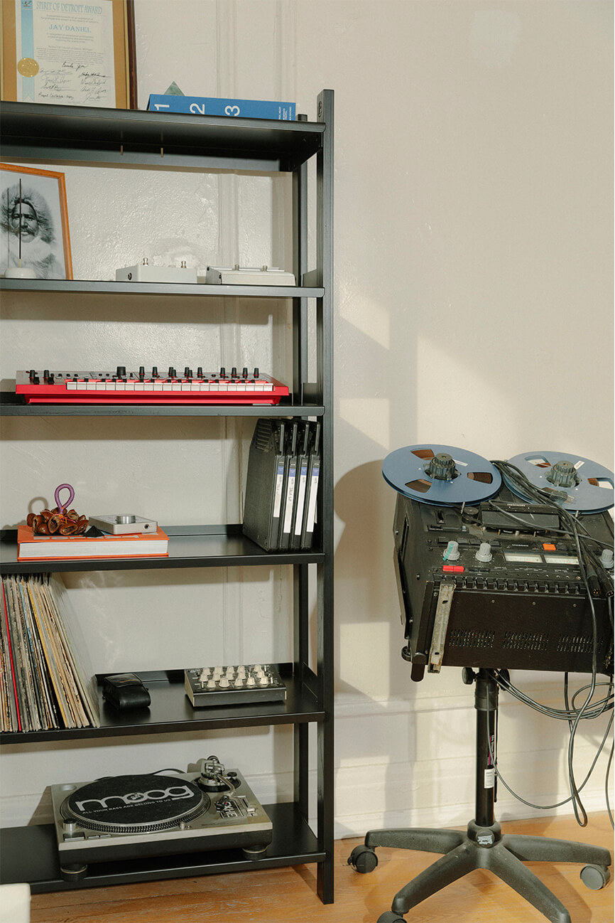 The Floyd Ghostly Shelf filled with vinyls and DJ equipment.