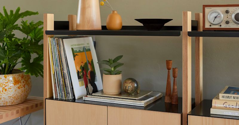 black shelving with cabinet