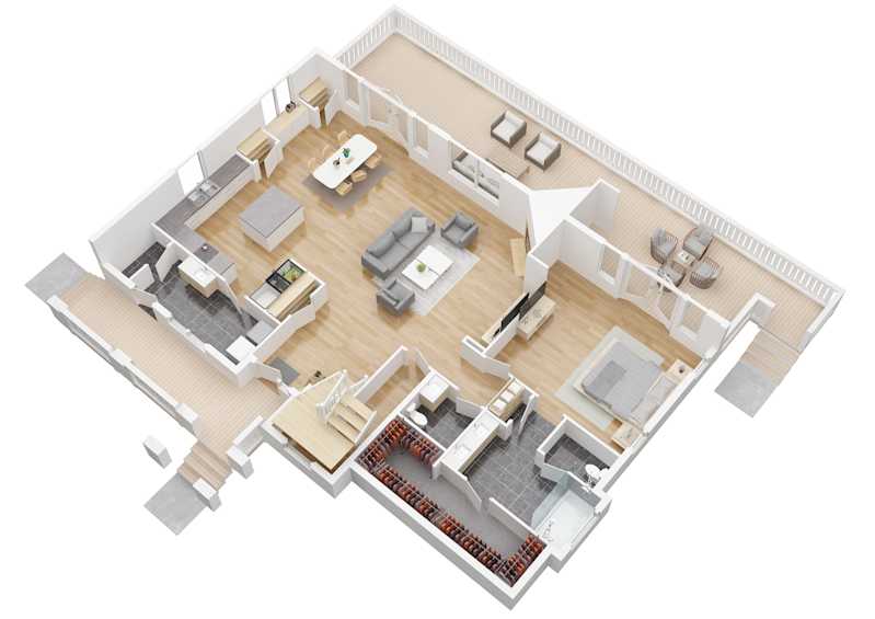 The 3D version of Up Dog's main level floor plan.