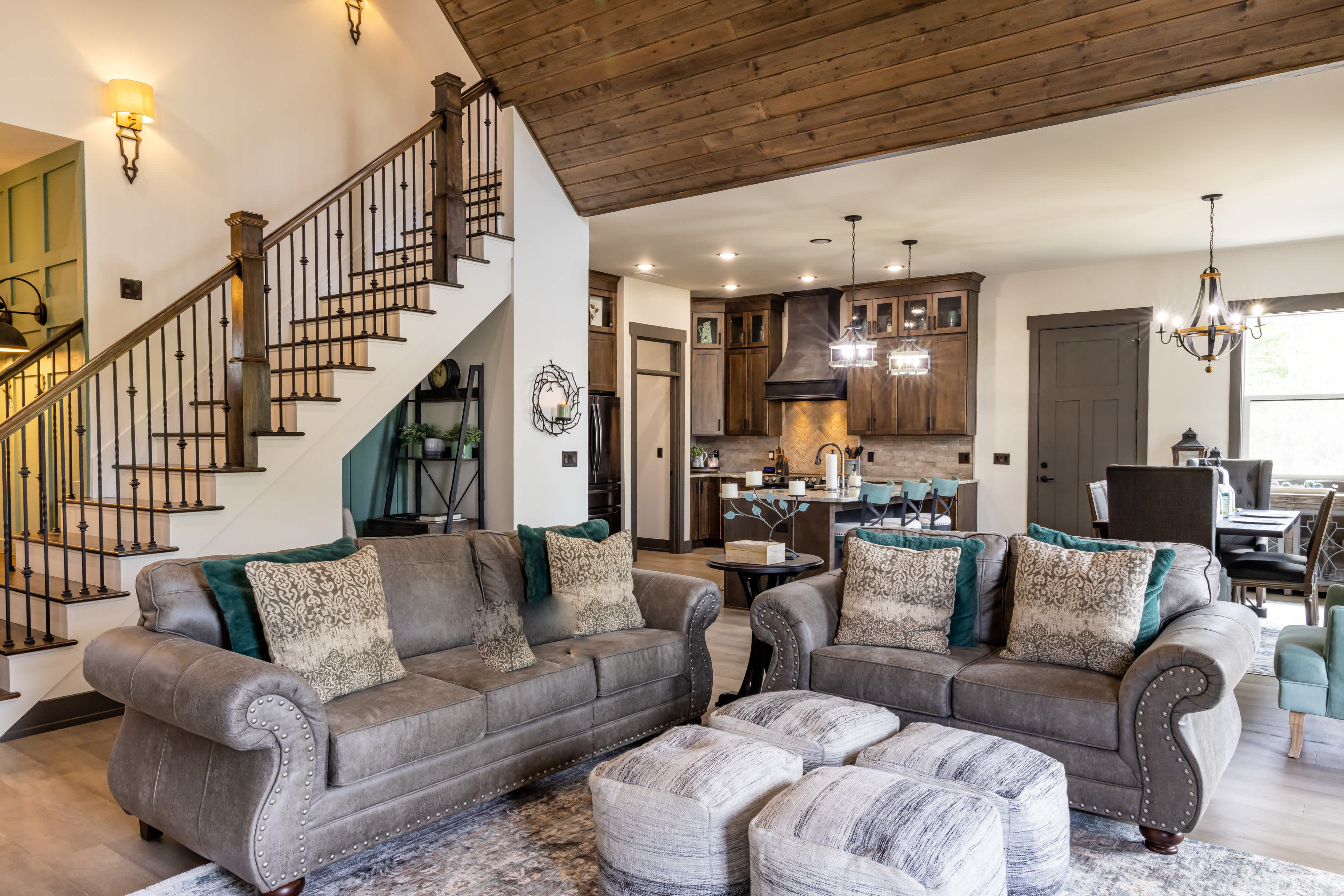 The living room, kitchen, and dining room in the Chadwell home.