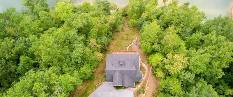 An aerial view of a Sundog Homes build on Bear Lake in Tuckasegee, NC.