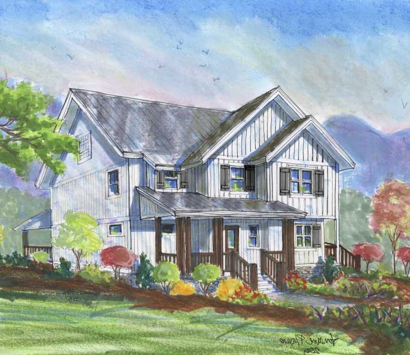 An exterior rendering of the River Dog home plan by Sundog Homes.