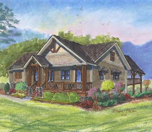 An exterior rendering of the Down Dog home plan by Sundog Homes.