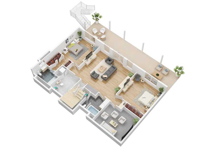 The 3D version of Down Dog's lower level floor plan.