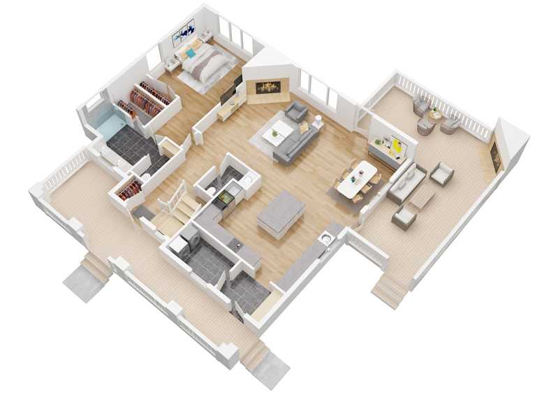 The 3D version of River Dog's main level floor plan.