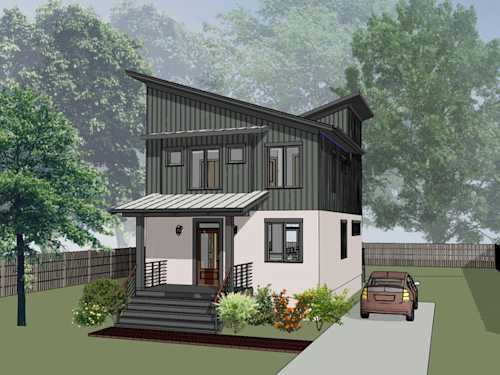 This front-facing rendering of 1463 showcases the plan's contemporary style, including an inverted roofline and a spacious, covered front stoop.