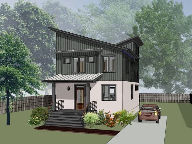 This front-facing rendering of 1463 showcases the plan's contemporary style, including an inverted roofline and a spacious, covered front stoop.