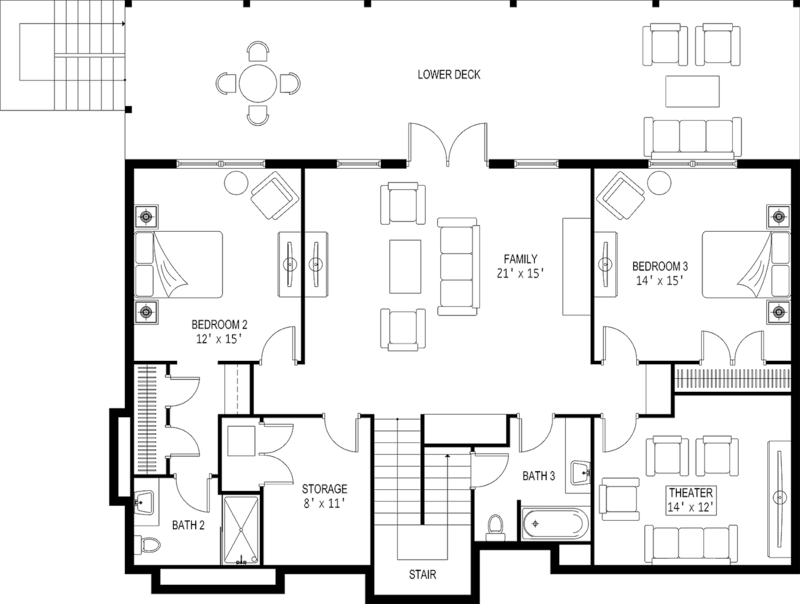 The 2D floor plan for Mountain Dog's lower level.