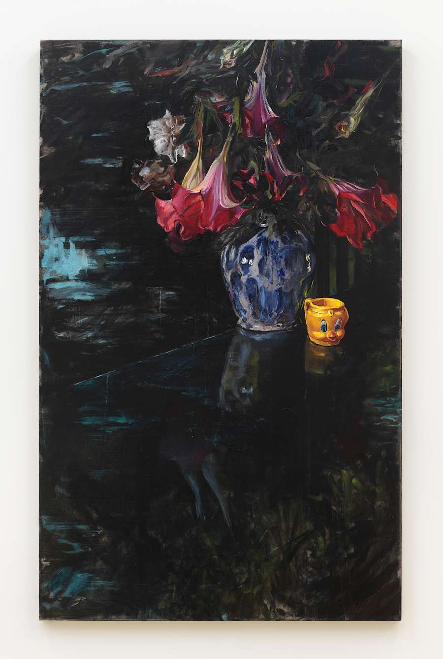 A vertical painting depicting a bouquet of flowers next to a small cup with cartoon-like bird eyes. The ground the painting contains many gestural marks in a black paint.