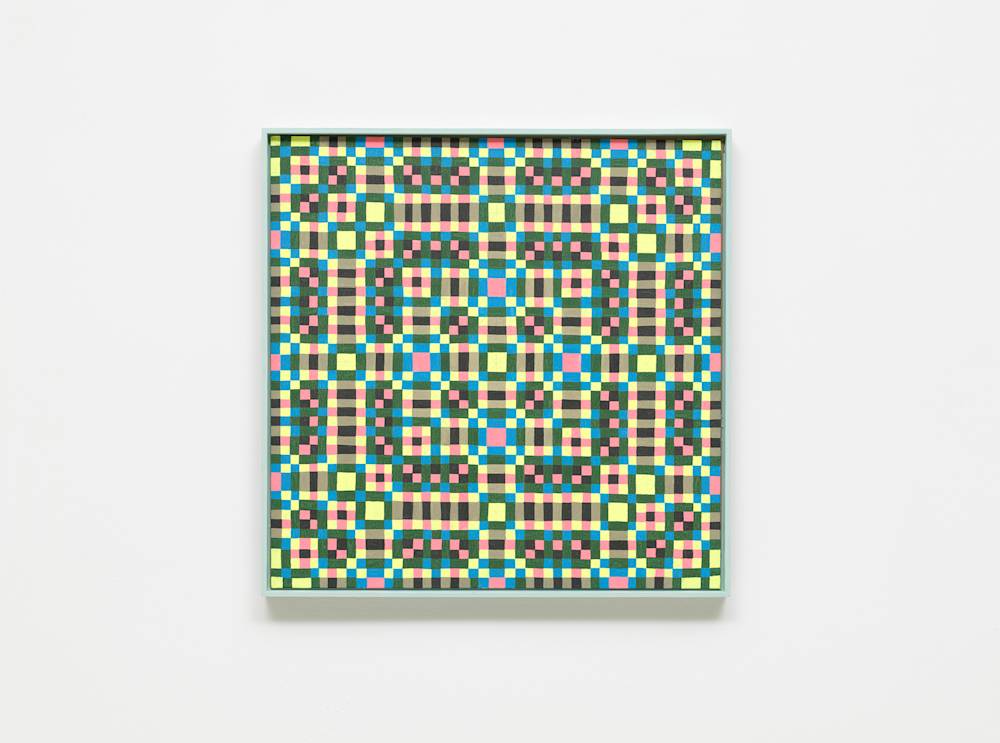 A colorful, intricate grid painting installed on a white wall.
