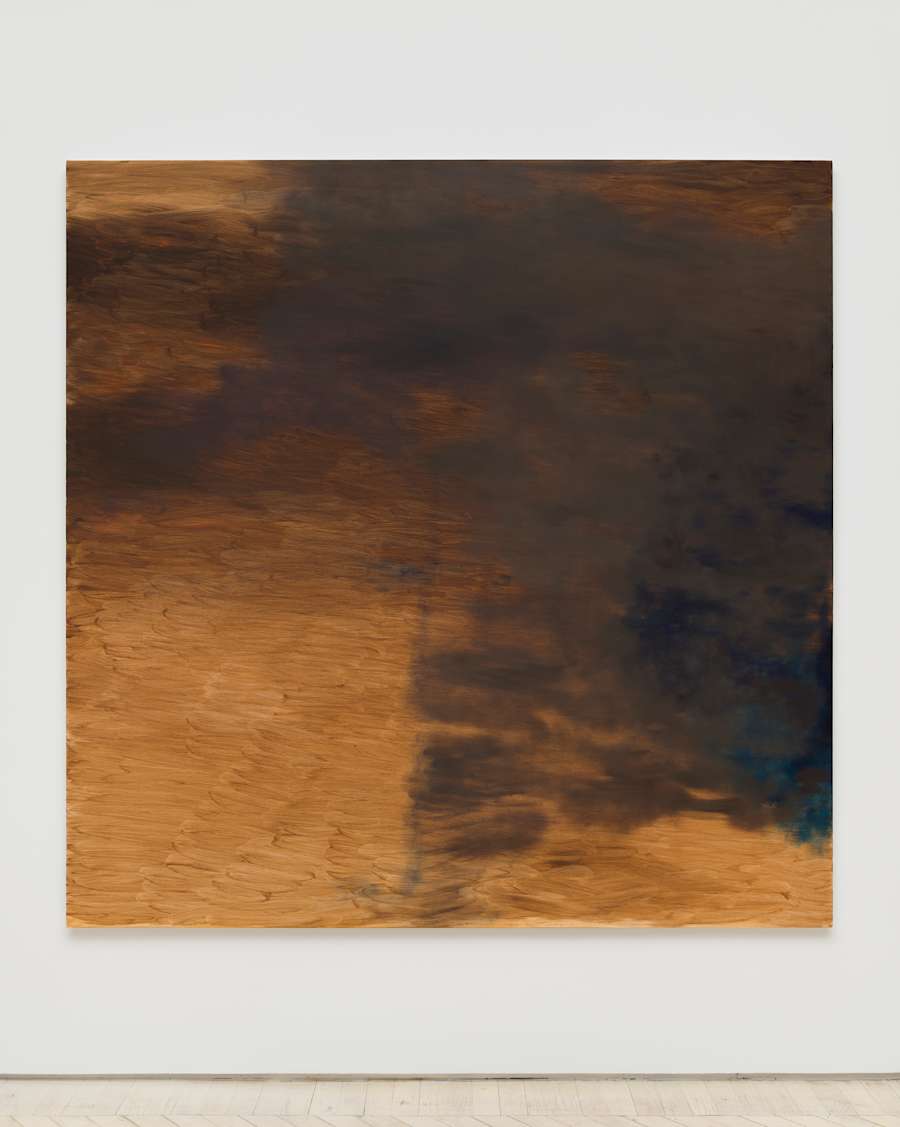 A square abstract painting with a brushy brown and orange underpainting with purple and dark brown accents.