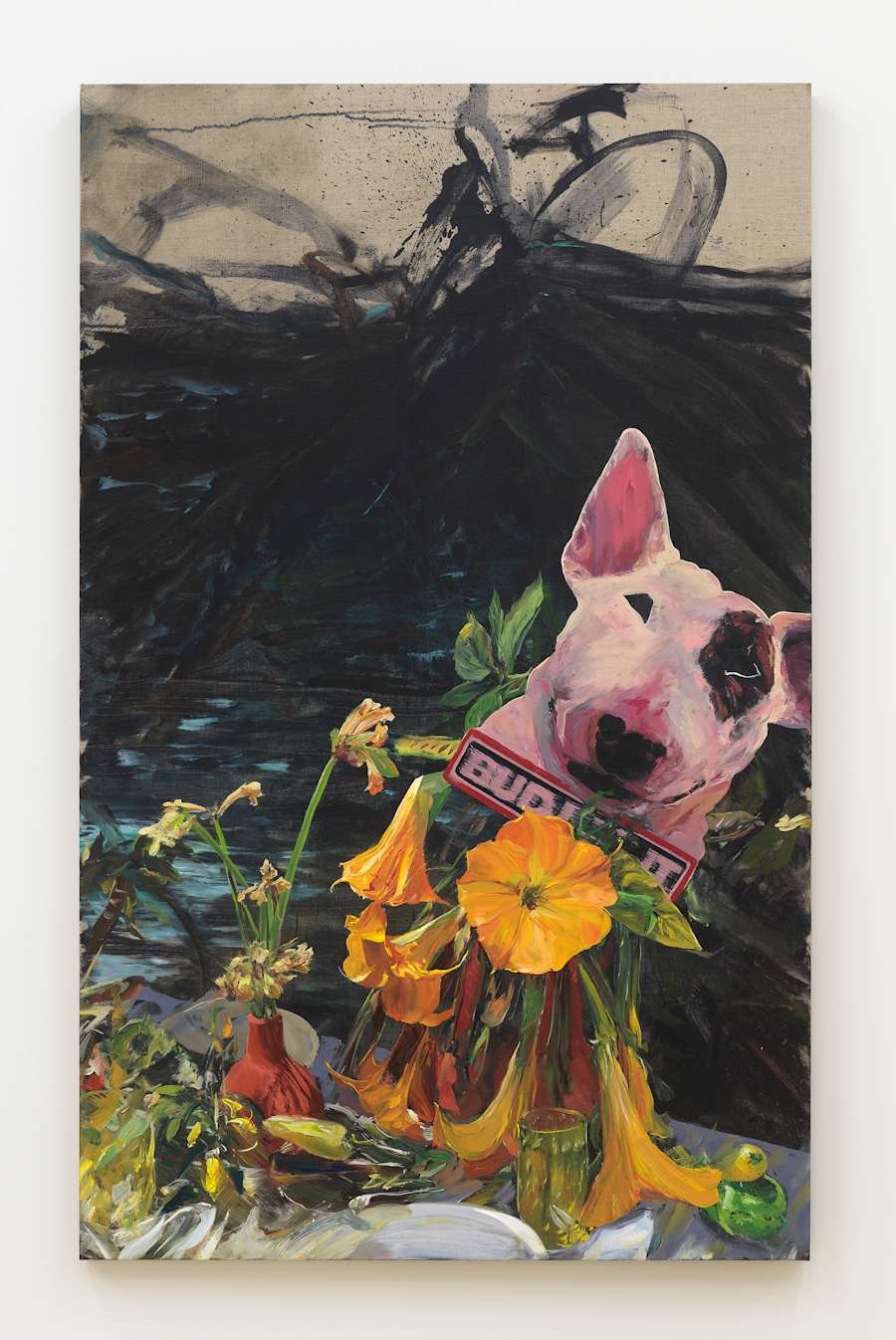 A vertical painting depicting a dog head, various flowers and numerous gestural marks.