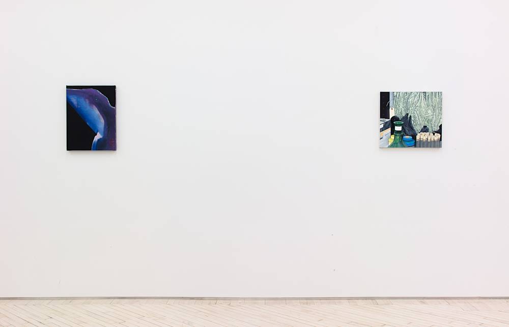 Installation view of two Caleb Considine paintings hung on a white wall.