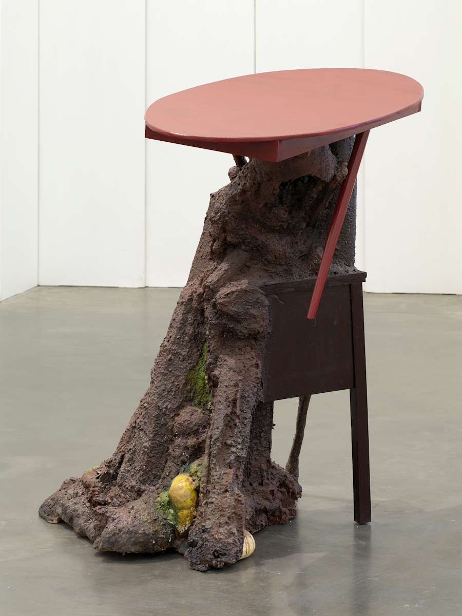 A floor sculpture consisting of shopped pieces of wooden furniture and with materials resembling fungi attached to the body of the sculpture.