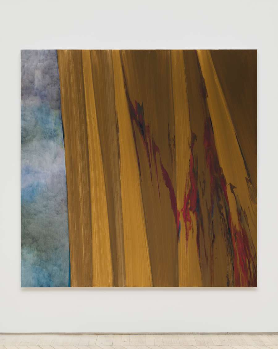 A large square, abstract painting with brown strips of color with red accents. To the left of the painting is brushy area of blue paints.