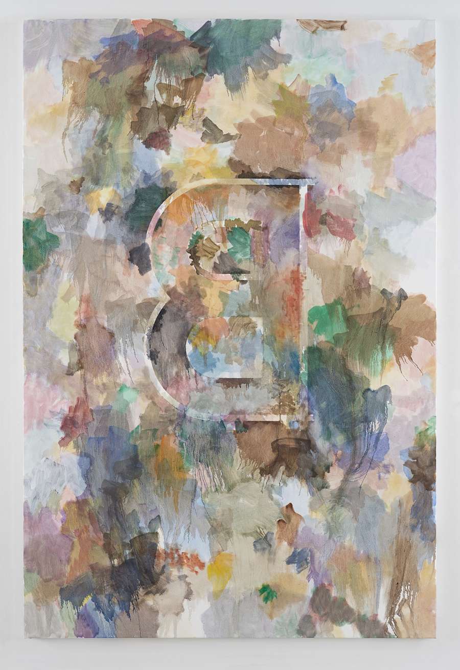 Oil on canvas painting by Viktor Kopp depicting a multicolor application of thin, washy paint in an abstract and gestural manner. At the center of the canvas there is a faint image of a large letter "B" facing backwards.