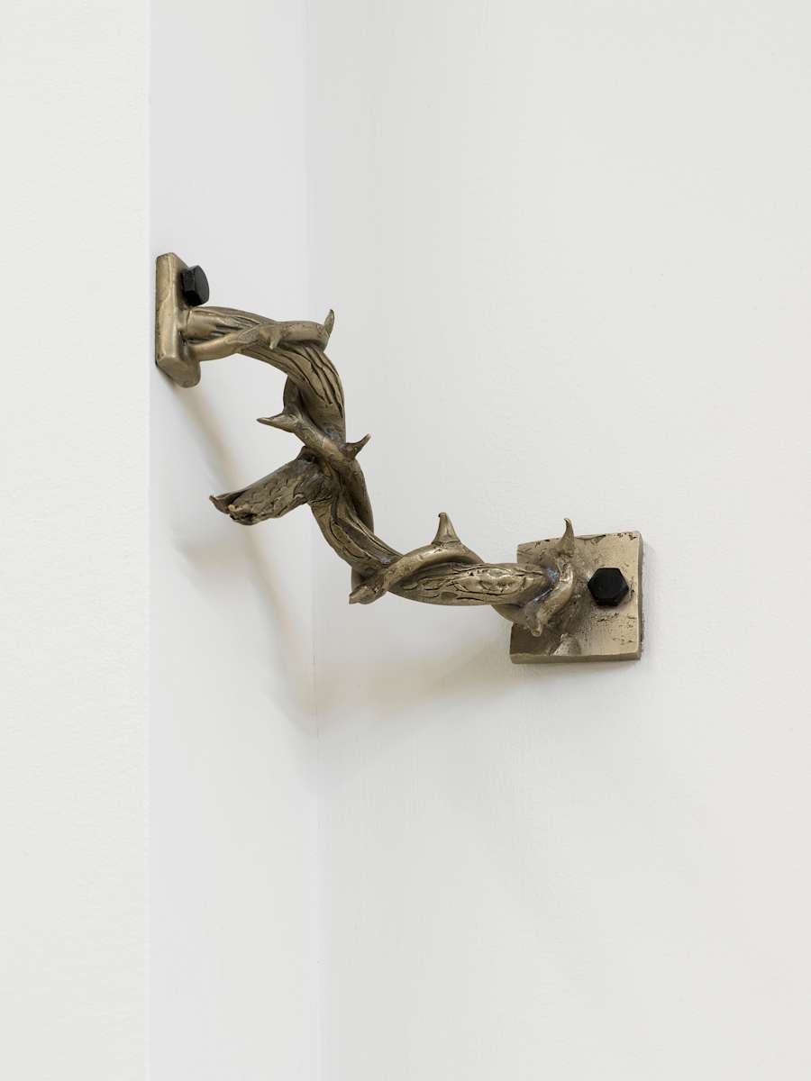 Metal object bolted into the corner of two white walls. The object depicts in bronze two interweaving vines, one with multiple spikes. At each end of the vines are small plates which have a black hexagonal bolt.