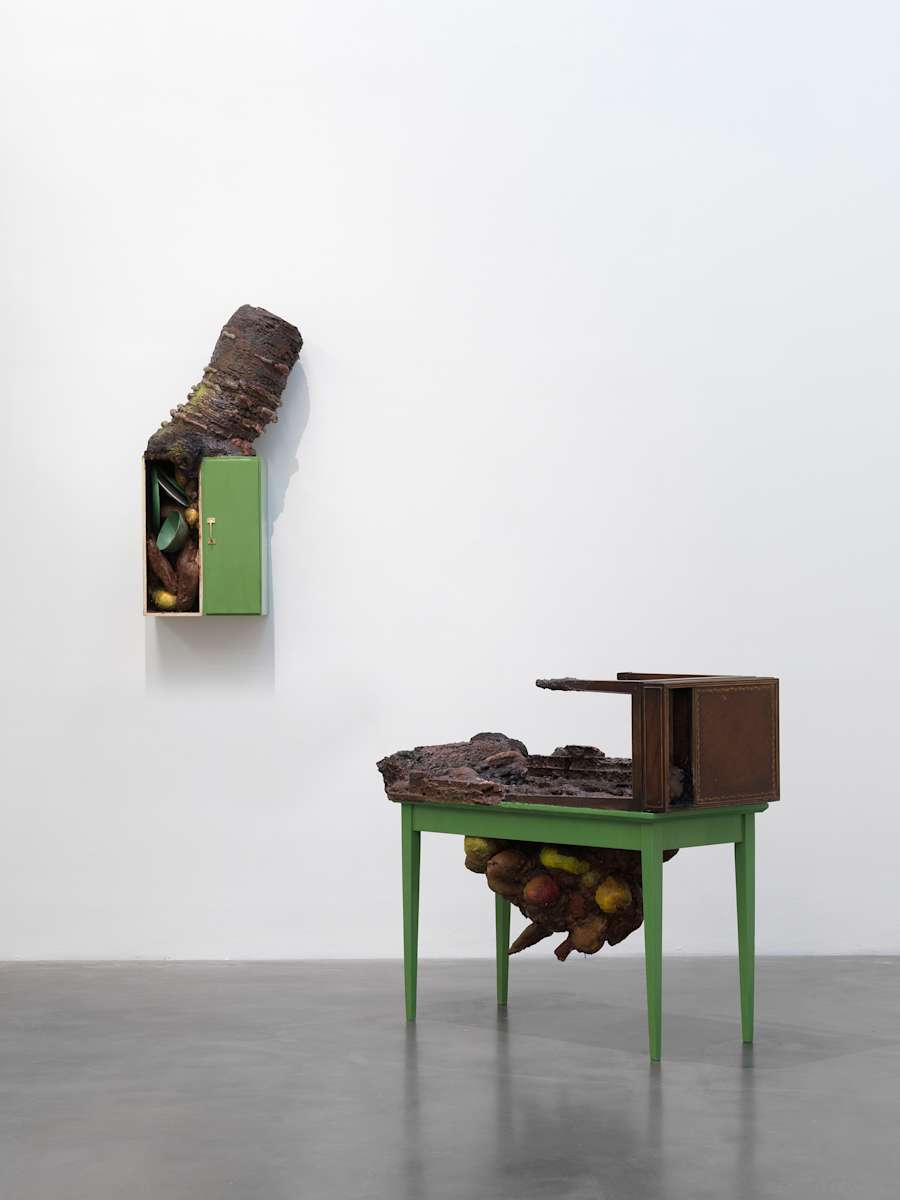 Two sculptures resembling constructed pieces of furniture painted green. Protruding out of both sculptures are tree-like, fungal forms.