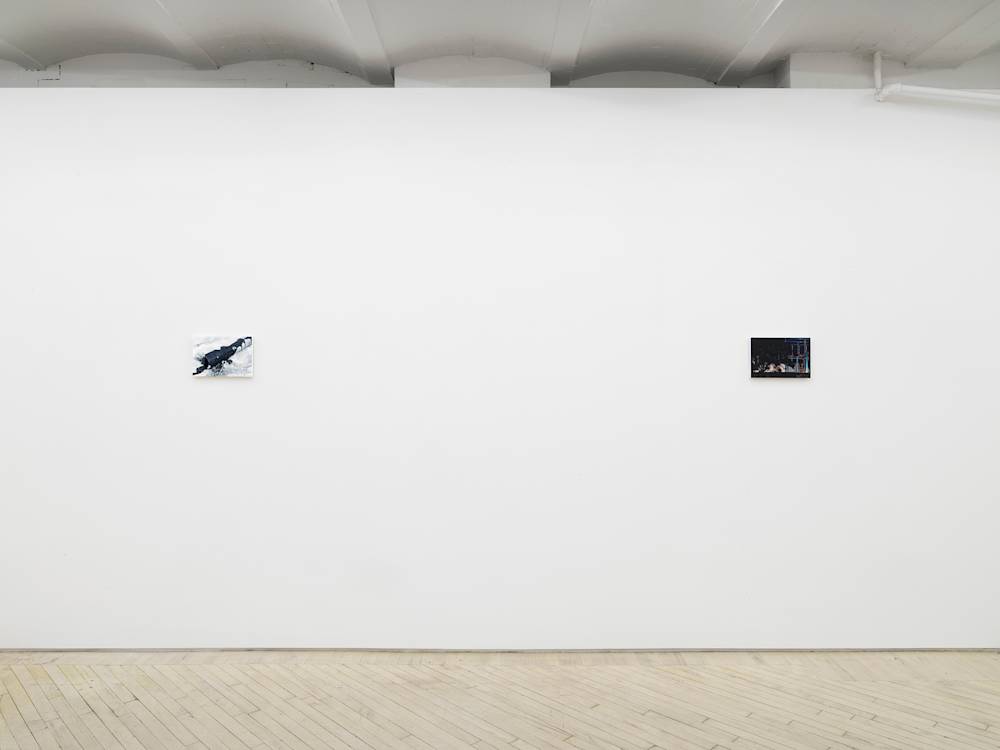 Installation view of an exhibition of paintings by Caleb Considine. Two small paintings hang on the walls of an art gallery.