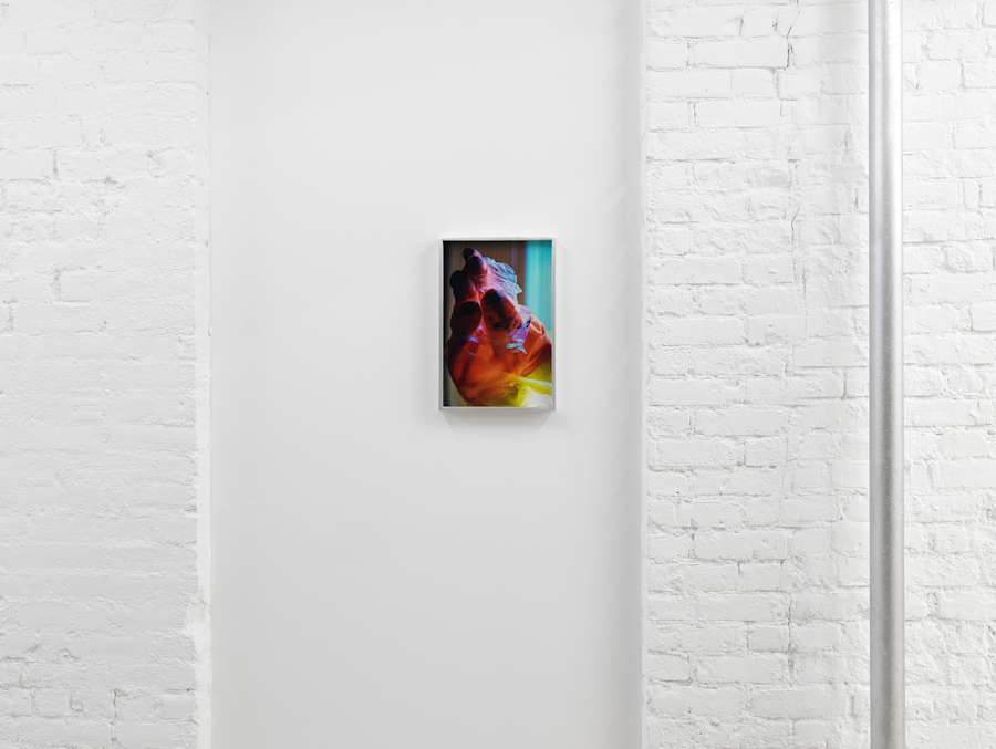 Installation view of a photograph by Diane Severin Nguyen hung on a small wall with brick flanking each side, a silver pipe on the far right side.