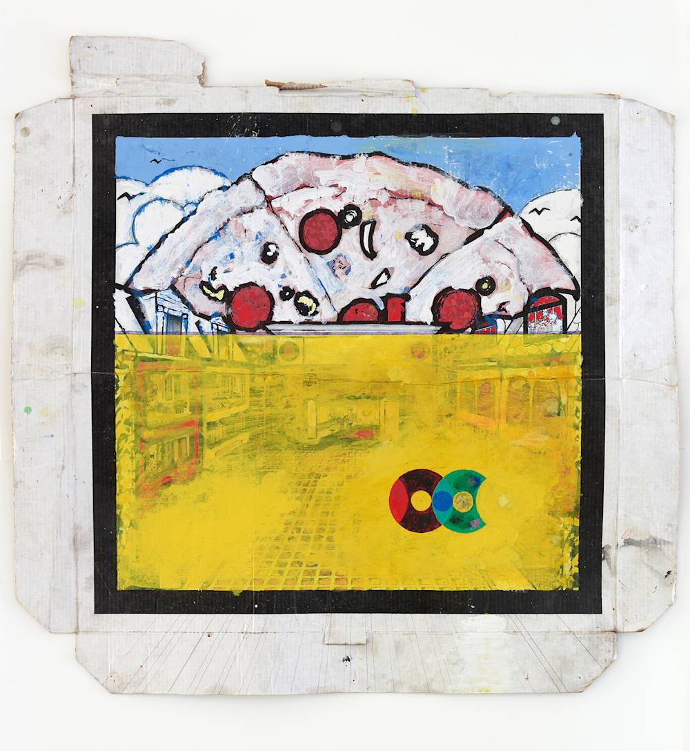 On a white wall, a cardboard pizza box with a landscape painted on top of it with a painted black border.