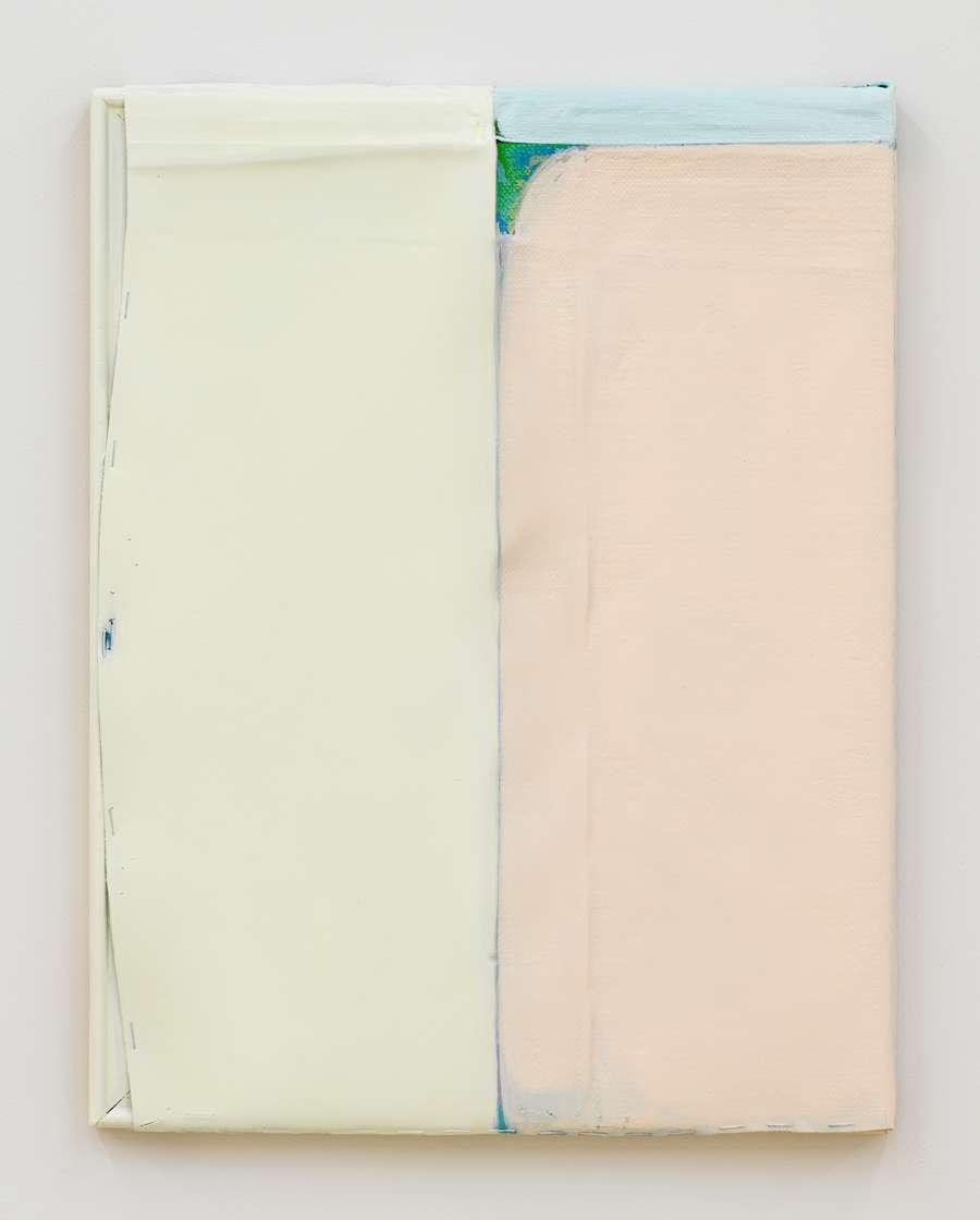 A vertical abstract painting consisting of defined blocks of thick paint. The dominant colors are hues of off-white, pale pink, blue, and green. The canvas is rough and the separations of color are produced through folds and creases.