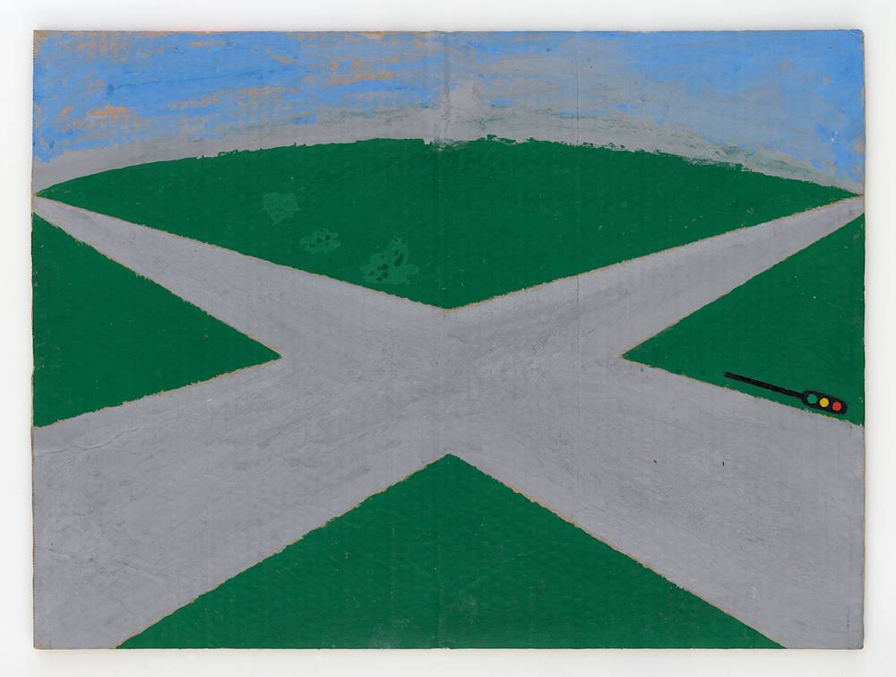 A small drawing a road crossing with a cartoon-like stop light. The road is painted in gray with the x-crossing surrounded be green grass an a blue sky. The work is painted on cardboard.