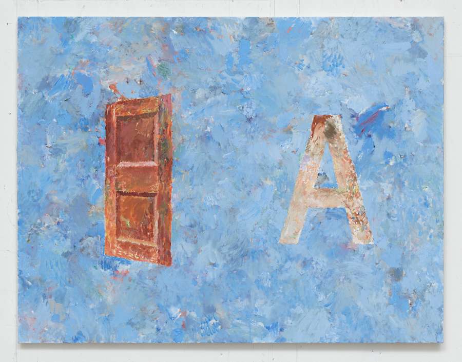 Oil on canvas painting by Viktor Kopp depicting a brown door at a skewed perspective floating on the left third of the canvas, with a letter "A" painted at the right third of the canvas, against a mostly light blue background.