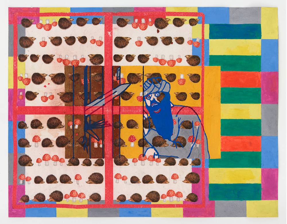 A small work on paper with various stripes of bold colors along the right side. There is a cartoon-like figure with a long beard holding a knife. There are many rows of cartoon-like hedgehogs and mushrooms.