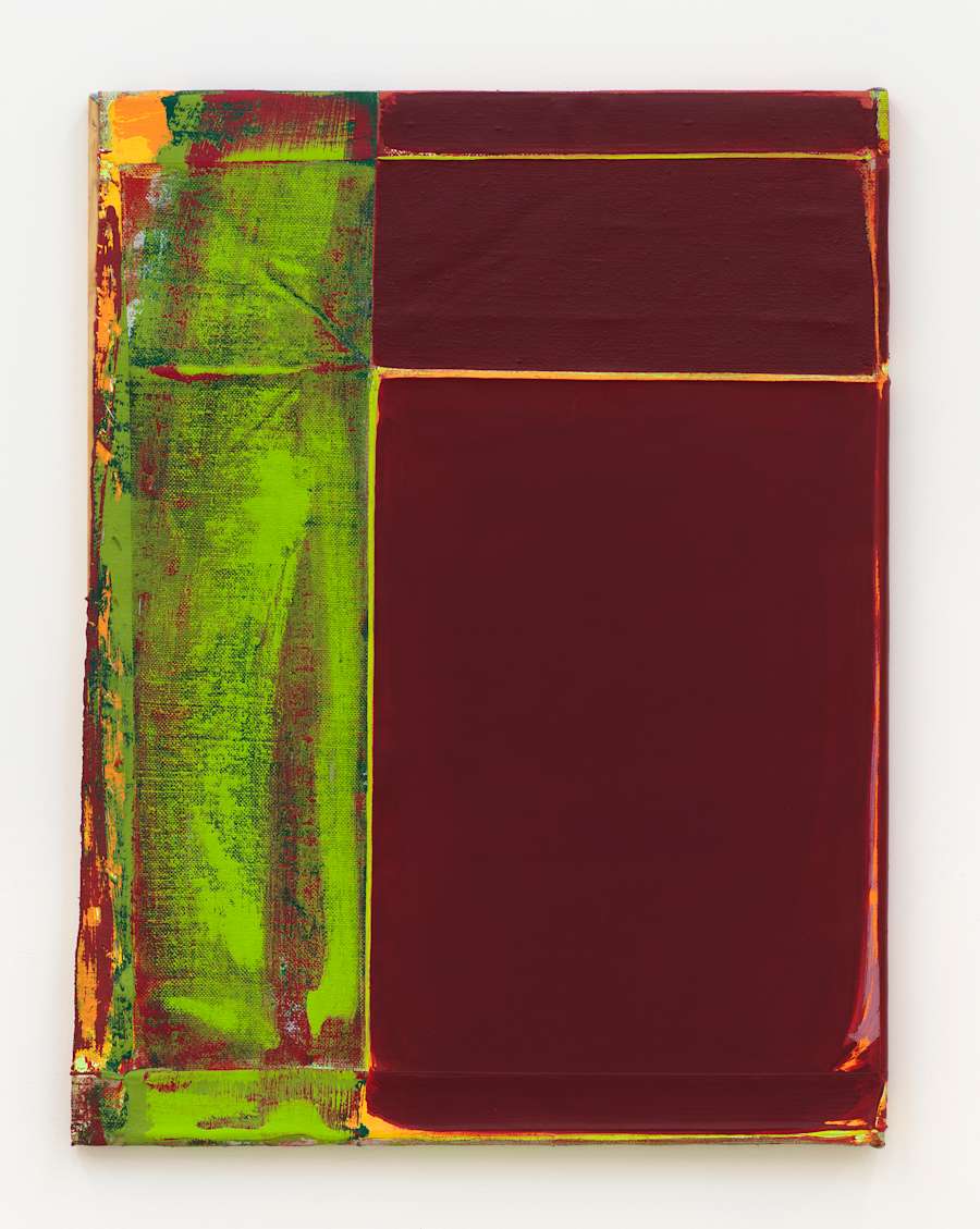 A vertical abstract painting consisting of defined blocks of thick paint. The dominant colors are hues of maroon, bright green, and orange. The canvas is rough and the separations of color are produced through folds and creases.