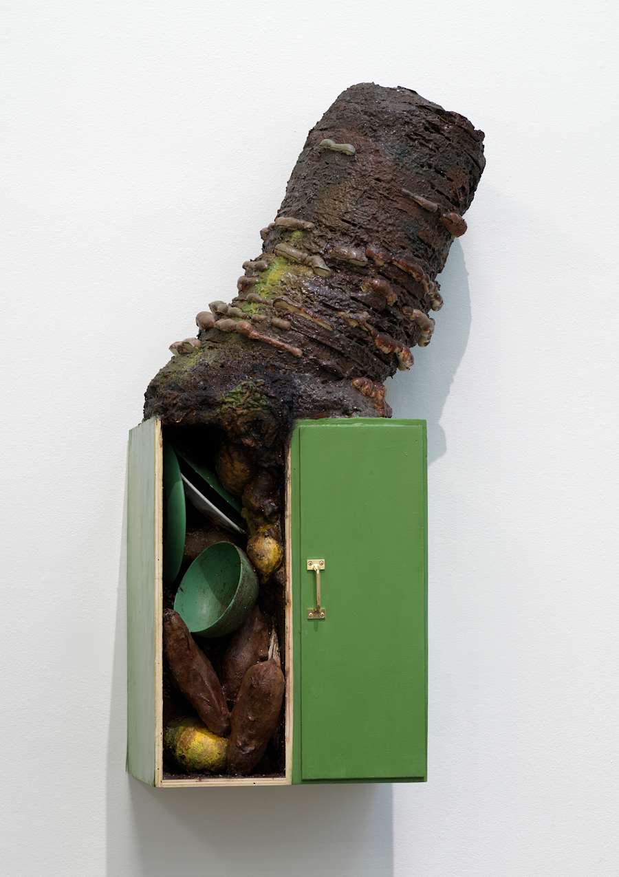 A wall-mounted sculpture of a cabinet painted bright green with bowls and plates partially protruding out of the left side. Growing out of the top of the cabinet is a large tree-like, fungal form.